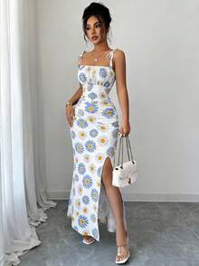 Women's Floral Print Ruched High Slit Tie Front Cami Dress Elegant - Multicolor - View 3