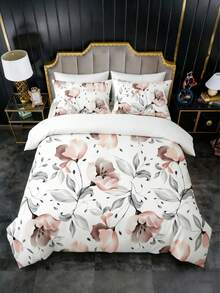 3Pcs Gentle Watercolor Pink Flower Duvet Cover Pillow Cover Pattern Is Random Duvet Cover Set (1 Duvet Cover + 1/2 Pillowcase Without Pillow Insert), Bedding Set, Soft Warm And Cozy Bedding Set For Bedroom, Guest Room, Dormitory Decoration Set Rose Plant Print Soft Skin-Friendly Luxury Bedding - Multicolor - View 2