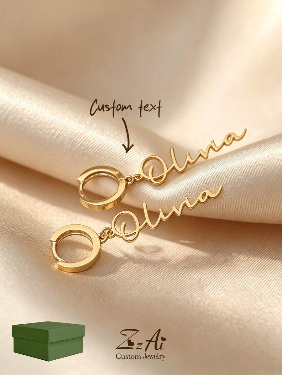 1 đôi bông tai khắc tên cá nhân bằng thép không gỉ mạ vàng 18K, bạc 925 mạ vàng 18K, quà tặng sinh nhật, quà tặng tình bạn, quà tặng Giáng sinh, kèm hộp quà sang trọng, cũng thích hợp làm quà tặng Ngày của Mẹ, hoặc đeo hàng ngày. - Vàng - Xem 1