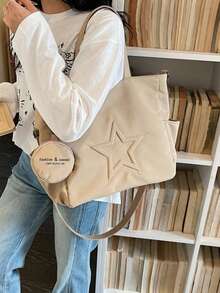 Túi tote vải canvas họa tiết ngôi sao thời trang mới, kiểu dáng thường ngày, có ngăn đựng tiền xu, dành cho nữ, túi công sở, túi vải canvas. - Màu Khaki - Xem 4