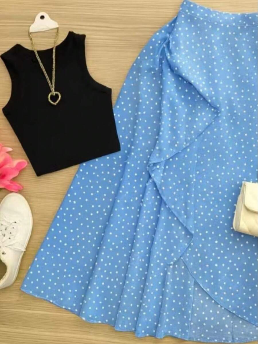 Women's Long Wrap Skirt In Viscose Linen With Tie Detail – Style And Comfort – One Size - Blue Polka Dot - View 1