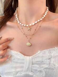 Bộ 3 vòng cổ vỏ sò và ngọc trai nhiều lớp, vòng cổ vỏ sò thời trang, đa năng, độc đáo, cao cấp và tinh tế. - Dây chuyền vỏ sò nhiều lớp bằng vàng - Xem 2