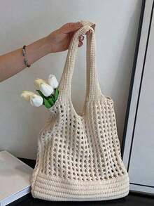 Yogodlns Women's Knitted Shoulder Bag, Vintage Hollow-Out Woven Large-Capacity Floral-Decorated Handbag, Crochet Bag, Perfect For Beach, Travel, Shopping, And Vacation Essentials, An Ideal Choice To Complement Women's Beach Accessories, The Most Popular Women's Beach Bag, Beach Essentials, Beach Supplies, Beach Gear, And Summer Necessities. - 淺褐色的 - 查看 2