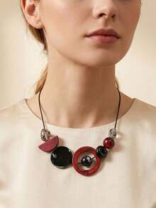 1 chiếc vòng cổ bản to bằng acrylic và hạt gỗ hình học dành cho nữ, kiểu dáng trừu tượng, hình tròn và bán nguyệt, quà tặng trang sức thời trang. - Hồng - Xem 2