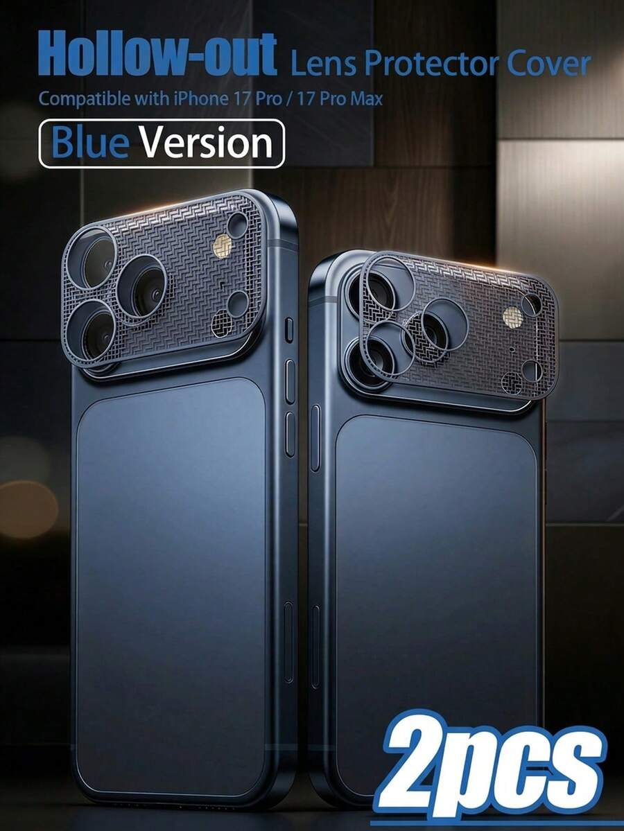2 Paquete Protector de lente de cámara de teléfono con diseño hueco azul, alta dureza, anti-arañazos, adecuado para iPhone 17 Pro Max/17 Pro Series. Proporciona una protección sólida para las cámaras de los teléfonos en diversos escenarios de vida y trabajo, desde el entretenimiento en el hogar hasta los viajes al aire libre, equilibrando la protección y la fluidez operativa. Aleación