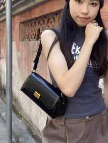 韩系小众设计黑色极简时尚通勤休闲腋下法棍包，女士小号单肩斜挎包，春夏款 - 黑色 - 查看 3
