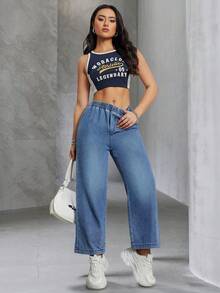 Calça cropped feminina casual de perna larga, corte reto, cintura elástica, tecido sem elasticidade, cor sólida, adequada para todas as estações, tecido de primavera - Azul - Ver 4