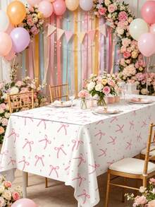 1pc/3pcs Set Pink Bow Baby Shower Tablecloth, Dreamy Pink Bow Pattern Disposable Waterproof Table Runner, Perfect For Baby Gender Reveal Party, Home Events, Baby Shower Decorations, Gender Reveal Decorations, Baby Shower Gifts, Dining Table, Cabinet, Bar Countertop Decor, Outdoor Camping Picnic Tablecloth, Easy To Clean - Pink Bow - View 3