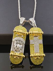 Dây chuyền nam, mặt dây chuyền hình ván trượt hai tông màu đính đá toàn bộ, mặt dây chuyền hình thánh giá và đầu Chúa Giê-su, phụ kiện trang sức hip-hop sáng bóng. - Vòng cổ mặt dây chuyền - Xem 6