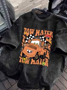 Disney Authorized, Racing Story, Lightning McQueen, Cute Style Creative Printing Fashion  Oversized Retro T-Shirt 2026 Spring And Summer Round Neck T-Shirt Retro Fashion Couples Popular Retro Round Neck T-Shirt, A Gift From Disney Fans. - màu đen - Xem 1