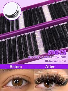 620/610/574 piezas Conjunto de pestañas postizas D-Curl esponjosas, realistas y densas de estilo natural y suave, pestañas falsas segmentadas DIY de gran capacidad, adecuadas para DIY en casa, fáciles para principiantes, de larga duración, aplicables para diversos maquillajes de ojos, esencial de belleza, portátil, adecuado para el transporte diario, gala, maquillaje de novia de boda y otras ocasiones - D - Ver 8
