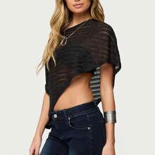 Womens Knitted Poncho Solid Color Asymmetric Shawl Wraps Comfortable Cape For All Seasons - Negro - Ver 2