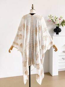 一件优雅海洋生物刺绣分叉披肩，女士春夏沙滩罩衫，轻盈防晒开衫，百搭奢华配饰，理想的日常穿搭和礼物 - 白色 - 查看 3