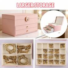 3 Layer Jewelry Organizer Box, PU Leather Lockable Jewelry Storage Case With Drawer, Necklace Ring Earring Display Stand, Dust-Proof Travel & Home Jewelry Holder For Women, Pink - Hồng - Xem 2