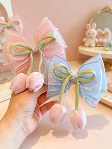 1/2/4pcs Floral Tulip Pearl Mesh Big Bow Hair Clips, Cute Princess Fresh Versatile Hair Accessories, Beige Pink - Multicolor - View 2