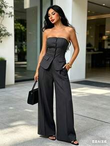 Strapless Bustier Set With Wide Leg Pants - Elegant Style For Women - Grey - View 3