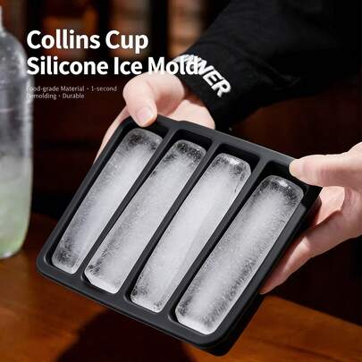 Khuôn hình chữ nhật lớn, khay làm đá bằng silicon, máy làm đá que, khay pha cocktail whisky Collins có nắp đậy.