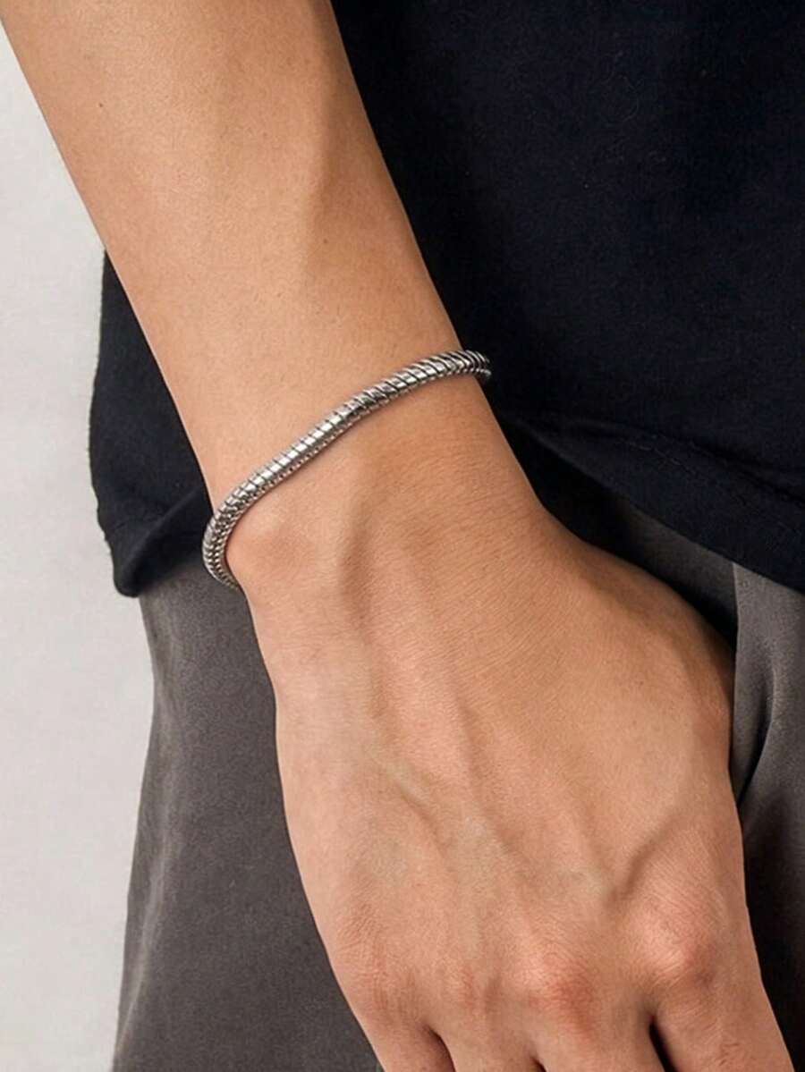 1pc Minimalist Versatile Round Snake Bone Chain Bracelet Stainless Steel Men's Hip Hop Style Daily Commute Date Birthday Gift Accessory - Silver - View 1