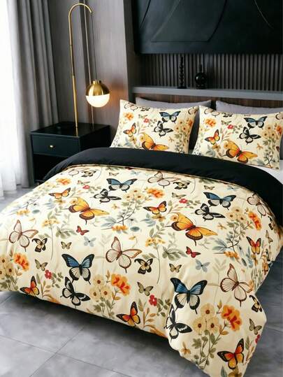 3Pcs Vintage Butterfly Floral Pastoral Style Duvet Cover Pillow Pattern Is Random Duvet Cover Set (1 Duvet Cover + 1/2 Pillowcase Without Pillow Insert), Bedding Set, Soft Warm And Cozy Bedding Set For Bedroom, Guest Room, Dormitory Decoration Set Rose Plant Print Soft Skin-Friendly Luxury Bedding
