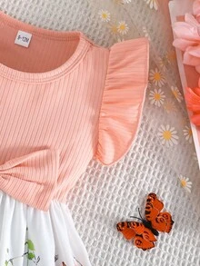 Baby Girls' Summer Cap Sleeve Patchwork Print Dress, Toddler Casual Bow Decor Holiday Versatile Dress - Coral Orange - View 5