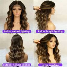 Schwarzbraun mit blonden Highlights lange Lace Front Perücke, farblich gemischtes Haar 13x4 Lace Frontal Perücken, lockige Welle, transparenter vorausgerupfter temperaturbeständiger synthetischer Faserstoff, natürliches Aussehen, Halloween Kostüm, täglicher Gebrauch, Perücke ohne Klebstoff - Verschiedenfarbig - Übersicht 2
