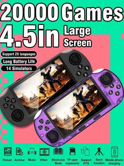 1pc Brand New Handheld Game Console With 4.5" HD Large Screen, Pre-Loaded With 20,000 Classic Retro Games, 14 FC/GBA Emulator Games With Savegame Function. Horizontal Handheld Game Player With Classic Dual Joystick Design, Portable Nostalgic Arcade, Multi-Functional With Stand, Supports Photo, Music, Video, E-Book Playback, Mobile Power Bank Fast Charging. Ideal Gift For Husband And Boyfriend On Holidays.