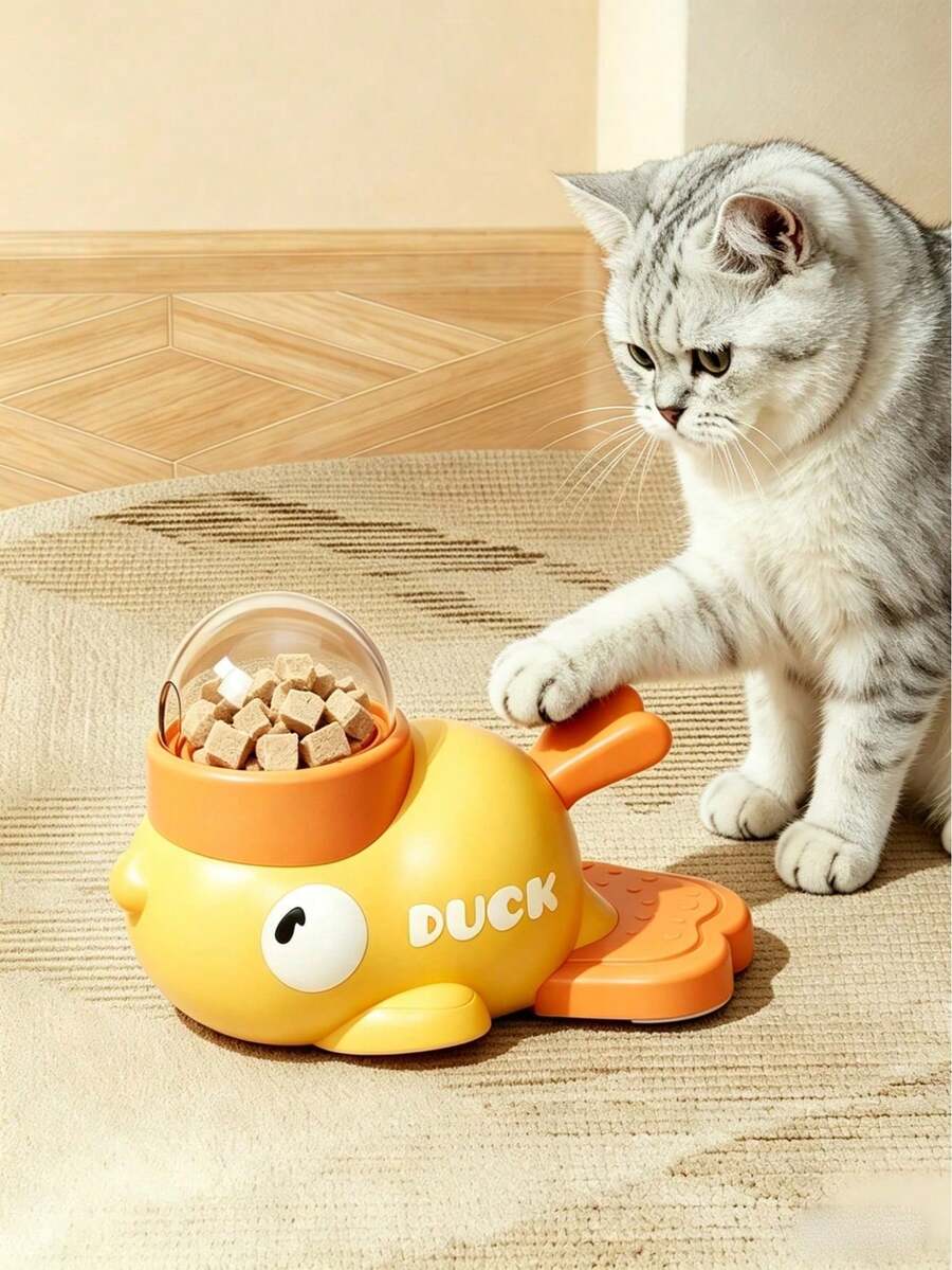 黄色鸭子造型猫咪零食分配器，手动按压式互动宠物玩具，塑料材质，无需电池，慢食训练玩具，益智娱乐零食奖励玩具，适用于猫咪、中小型犬和大型犬，宠物日常用品及节日礼物