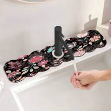 1件裝黑色背景刺繡風花卉不對稱圖案水龍頭墊，洗碗瀝水墊，吸水墊，適用於居家水槽、廚房，裝飾與禮品 - 黑底馬卡龍色花仿刺繡 - 查看 10