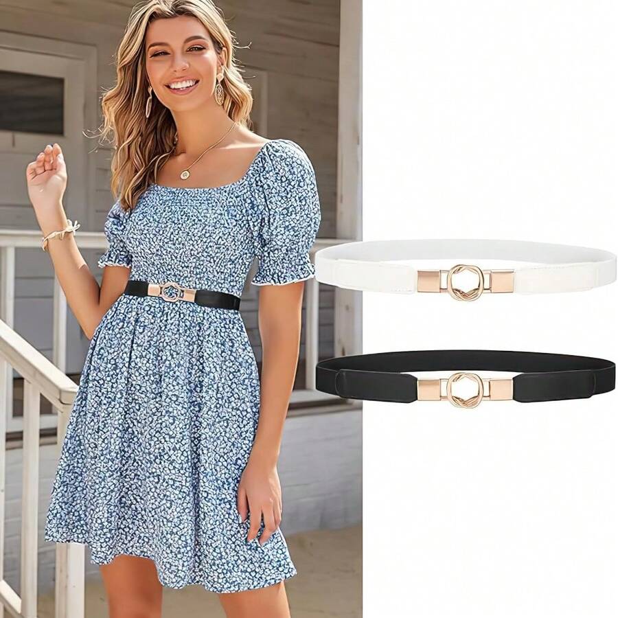 1pc Women's Adjustable Size Buckle Slouchy Belt, Elastic Stretchy Metal Buckle Skinny Waist Belt, Y2k, Riem, Suitable For Jeans, Casual Pants, Jackets, Skirts, Coats, Belts For Women, Metal Buckle Invisible Elastic Waist Belt, Bohemian PU Leather Multi-Style Belt, For Summer Daily Wear, Work, Casual, Formal Occasions - Multicolor - View 1