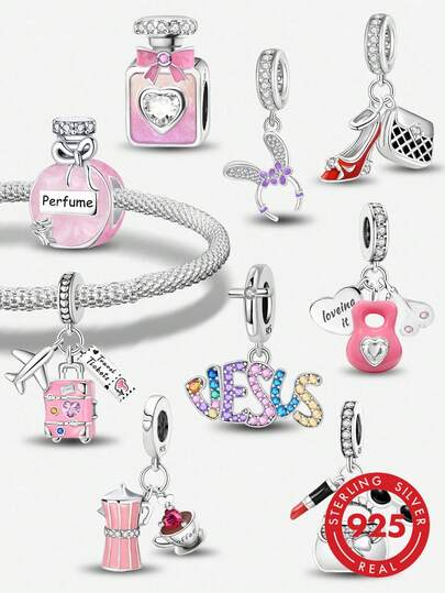 1颗925纯银郁金香和四叶草花朵吊坠珠，适合女士手链、手镯DIY饰品制作和日常配饰装饰。