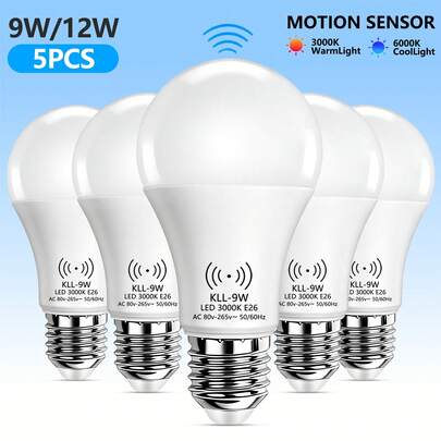 Bóng đèn cảm biến chuyển động Kasotile, 9W/12W (tương đương bóng đèn sợi đốt 80W hoặc 100W), kích hoạt bằng cảm biến chuyển động, tự động bật/tắt từ hoàng hôn đến bình minh, bóng đèn LED an ninh, tùy chọn ánh sáng trắng ban ngày 6000K / trắng ấm 3000K, đế E26/E27, tiết kiệm năng lượng, thích hợp cho chiếu sáng trong nhà và ngoài trời (ví dụ: hiên nhà, cầu thang, hành lang, v.v.) - 5 bóng