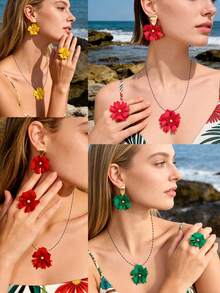 Betykuku Set de 4 piezas de pendientes y anillo con colgante de flores coloridas en estilo bohemio, regalo para mujeres y niñas, adecuado para la playa, vacaciones, uso casual y fiestas - Conjunto floral de tres piezas - Ver 3