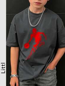 Boys' Loose Fit Basketball Player Graphic Short Sleeve Round Neck T-Shirt, Red Dribbling Design Casual Summer Streetwear Top, Suitable For Kids And Teens - Dark Grey - View 1