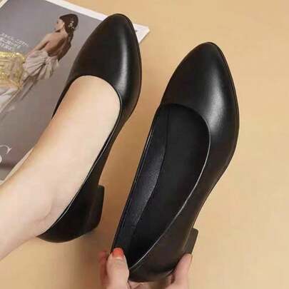 黑色厚底真皮工作鞋，女士款，柔软鞋底，全天站立舒适，适合面试和各种职业场合。