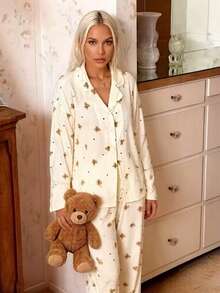 2pcs Women Loose Comfortable Breathable Long Sleeve Top And Long Pants Pajama Set - Beige - View 4