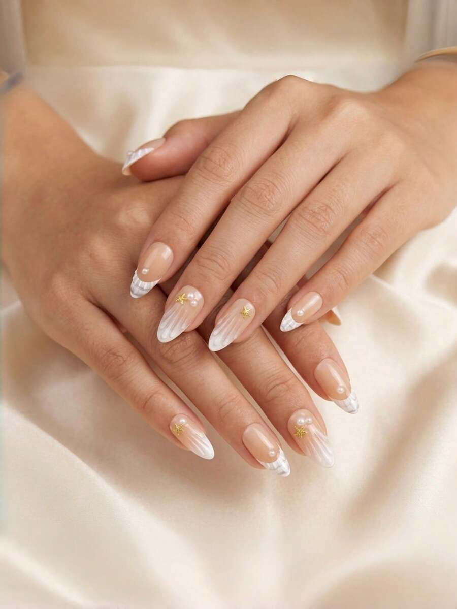 几分钟打造自然海滩风美甲 - 10片装中号杏仁形按压式美甲贴片，贝壳珍珠海星渐变裸色，手工自然精致海岸风假指甲，法式美甲，易于粘贴，可撕除，可重复使用，套装包含果冻胶和美甲棒 - 女性夏季度假海滩派对日常时尚必备 2026 - 彩色 - 查看 1