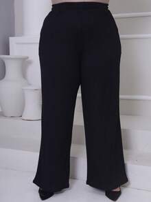 Women's Plus Size Winter Set, Plain, Consisting Of Wide-Leg Pants And A Zippered Top In Ribbed, Fleece-Lined Knit Fabric. - 黑色 - 查看 10