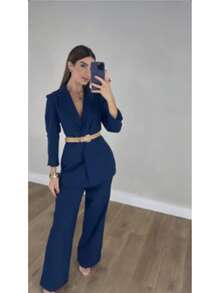 Women's Plus Size Set: Blazer And Wide Leg Pants, Linen Fabric - 藏蓝色 - 查看 2