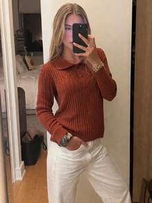Women's Winter Knit Sweater, Long Sleeve, Ribbed, Polo Collar, Buttons, Mousse, Braided Detail - Lạc đà - Xem 2