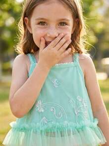 Girls Summer Fairy-Style 2 Pieces Set, Mint Green Embroidered Mesh Hem Cami Top + Pleated Wide Leg Long Pants, Fresh And Elegant - Mint Green - View 4