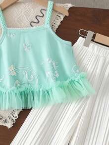 Girls Summer Fairy-Style 2 Pieces Set, Mint Green Embroidered Mesh Hem Cami Top + Pleated Wide Leg Long Pants, Fresh And Elegant - Mint Green - View 7