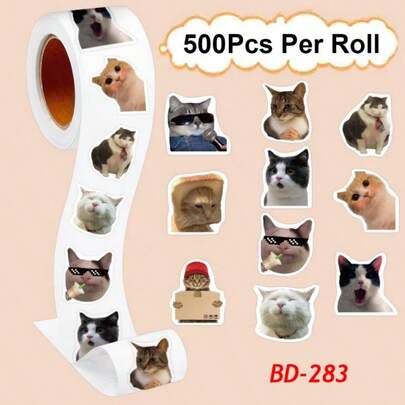 500张/卷 趣味猫咪表情贴纸，可爱小猫图案自粘贴纸，防水卡通猫咪贴纸，适用于手机壳、记事本、行李箱、笔记本电脑、杯子和其他日常装饰，是爱猫人士和DIY手工艺品的理想之选。