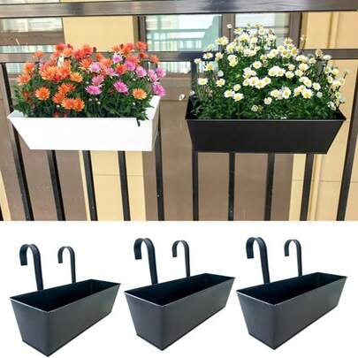 Outdoor Plants Planter Black Metal Iron Hanging Flower Pots Decks Railings Fence Buckets Modern Boho Wall Mount Window Box