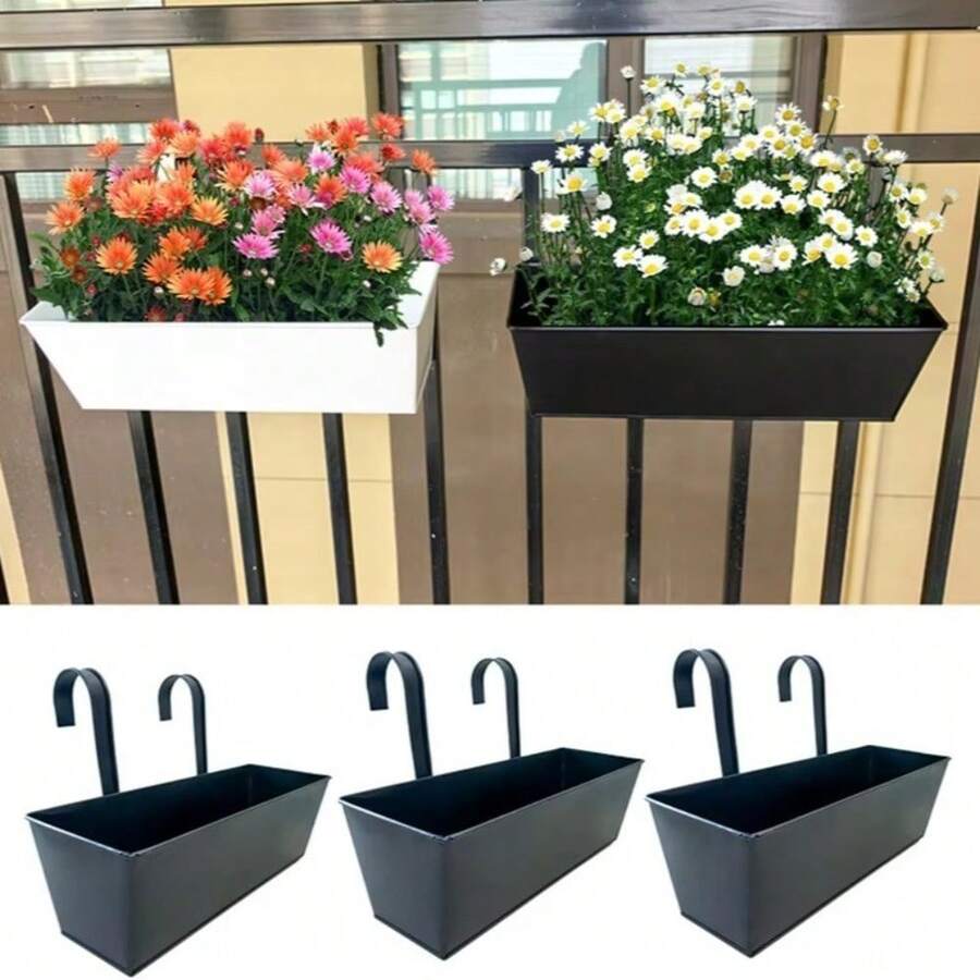 Outdoor Plants Planter Black Metal Iron Hanging Flower Pots Decks Railings Fence Buckets Modern Boho Wall Mount Window Box - A - View 1