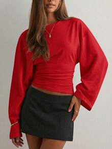 Camiseta corta casual de mujer con manga murciélago y cintura ajustada para uso diario en otoño e invierno, tops y conjuntos de otoño e invierno para mujer, ropa de invierno, tops para salir - Rojo - Ver 4