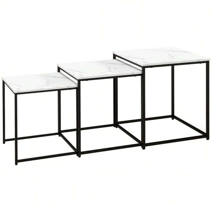 Three Nest Of Tables Marble Effect Finish - White - View 1