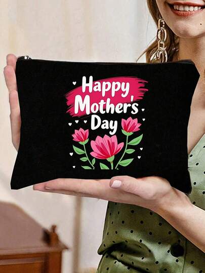 Quà tặng Ngày của Mẹ - Túi đựng mỹ phẩm nữ in dòng chữ "Chúc mừng Ngày của Mẹ" - Họa tiết hoa và lá xanh, túi đựng đồ trang điểm, túi đựng đồ vệ sinh cá nhân, thích hợp cho các bữa tiệc, du lịch, đi làm hàng ngày, và làm quà tặng sinh nhật, Ngày của Mẹ và Ngày Nhà giáo.