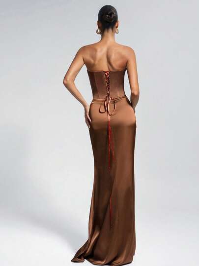 Women's Elegant Brown Satin Two Pieces Set - Lace Up Corset Top & Draped Maxi Skirt, Ideal For Wedding Guest, Formal Party, Vacation, Summer Holiday, Resort, Festival, Plain Spring Summer & Going Out