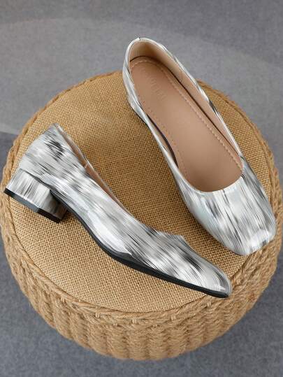 2026 New Women's Black White Gray Gradient Square Toe 3cm Chunky Low Heel Pumps, Ink Texture Slip-On Versatile High Heels