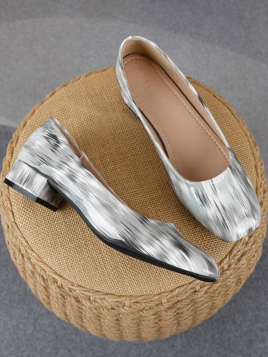 2026 New Women's Black White Gray Gradient Square Toe 3cm Chunky Low Heel Pumps, Ink Texture Slip-On Versatile High Heels - Grey - View 1